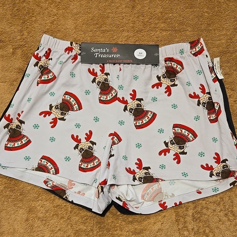 New Santa's Treasures Pug Reindeer Pajama 2 Pack Sleep Shorts Size Small